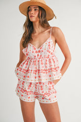 Floral Printed Peplum Top and Shorts Set Mable